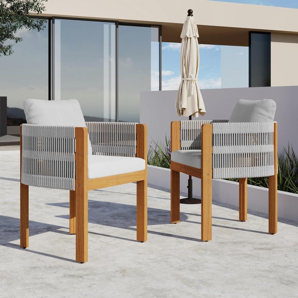 image:imageChristopher Knight Home Levi Set of 2 Outdoor Dining Chairs Acacia Wood Patio Dining Room Chair with Waterproof Cushions RopeWrapped Accents Comfy Poolside Kitchen Chairs Teak  GreyTeak  Grey