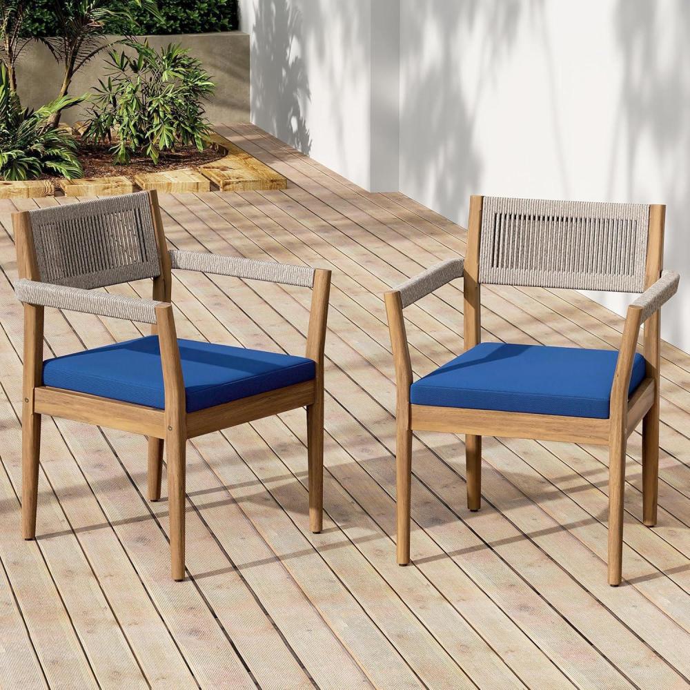 image:imageChristopher Knight Home Marston Acacia Wood Outdoor Dining Chairs Set of 2 with Cushion Wooden Patio Dining Chair Set with Cushion Patio Garden Accent Armchair with Braided Backrest TeakNavy BlueTeaknavy Blue