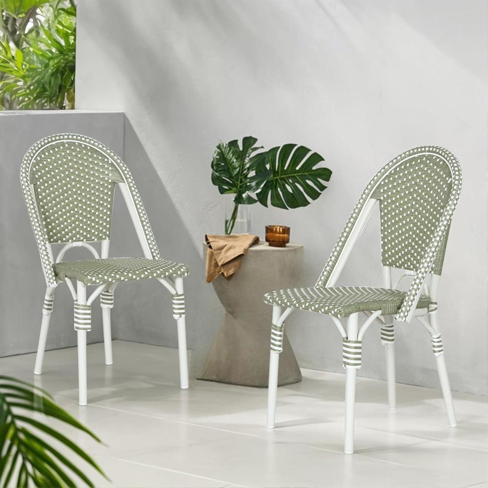 image:imageChristopher Knight Home Philomena Outdoor French Bistro Chairs Set of 2 Aluminum Patio Dining Chairs Set of 2 PE Rattan Patio Furniture Amrless Accent Chair for GardenBackyardBalcony GreenWhite