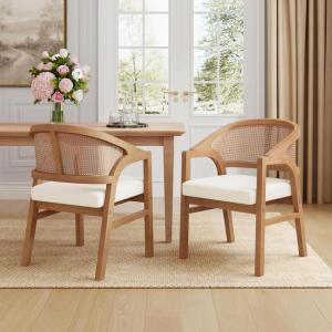 Christopher Knight Home Faritel Modern Wooden Dining Chairs Set of 2, Fabric Upholstered Kitchen Side Armchairs, Living Room Comfy Reading Chair with Curved Rattan Back, Natural Oak+Beige(Natural Oak+beige)