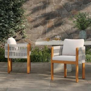 Christopher Knight Home Levi Set of 2 Outdoor Dining Chairs, Acacia Wood Patio Dining Room Chair with Waterproof Cushions, Rope-Wrapped Accents, Comfy Poolside Kitchen Chairs, Teak + Grey(Teak+grey+beige)
