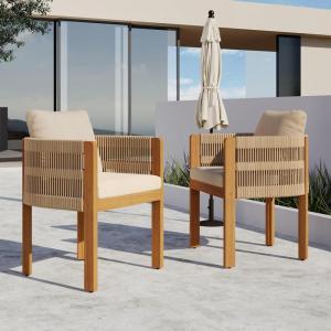 Christopher Knight Home Levi Set of 2 Outdoor Dining Chairs, Acacia Wood Patio Dining Room Chair with Waterproof Cushions, Rope-Wrapped Accents, Comfy Poolside Kitchen Chairs, Teak + Grey(Teak + Beige)
