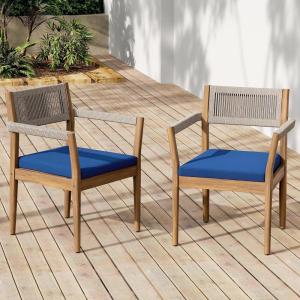 Christopher Knight Home Marston Acacia Wood Outdoor Dining Chairs Set of 2 with Cushion, Wooden Patio Dining Chair Set with Cushion, Patio Garden Accent Armchair with Braided Backrest, Teak+Navy Blue(Teak+navy Blue)
