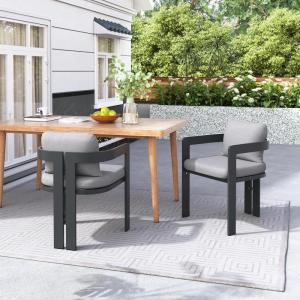 Christopher Knight Home Pula Patio Dining Chairs Set of 2, Aluminum Outdoor Dining Room Chair Set with Removable Seat and Back Cushion, Metal Barrel Chair for Poolside Outdoor Dinner, Black+Gray(Black+gray)