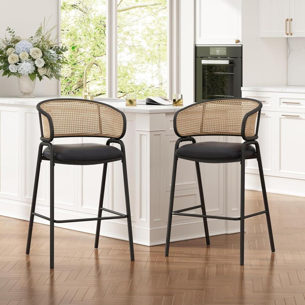 image:imageChristopher Knight Home Ethan Faux Leather Upholstered Bar Stool Set of 2 Metal Counter Stool with Rattan Curved Backrest MidCentury Modern Cocktail Stool for Kitchen Island BlackNatural