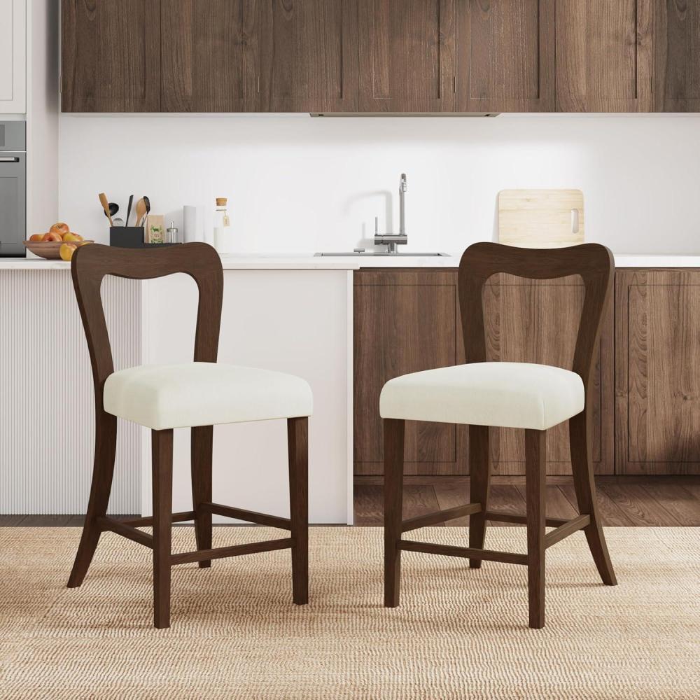 image:imageChristopher Knight Home Hayas Counter Height Bar Stools Set of 2 Armless Upholstered Kitchen Bar Chairs Hollow Backrest Modern Counter stools for Kitchen Island Dining Room Bar Light AshBeigeWalnutbeige