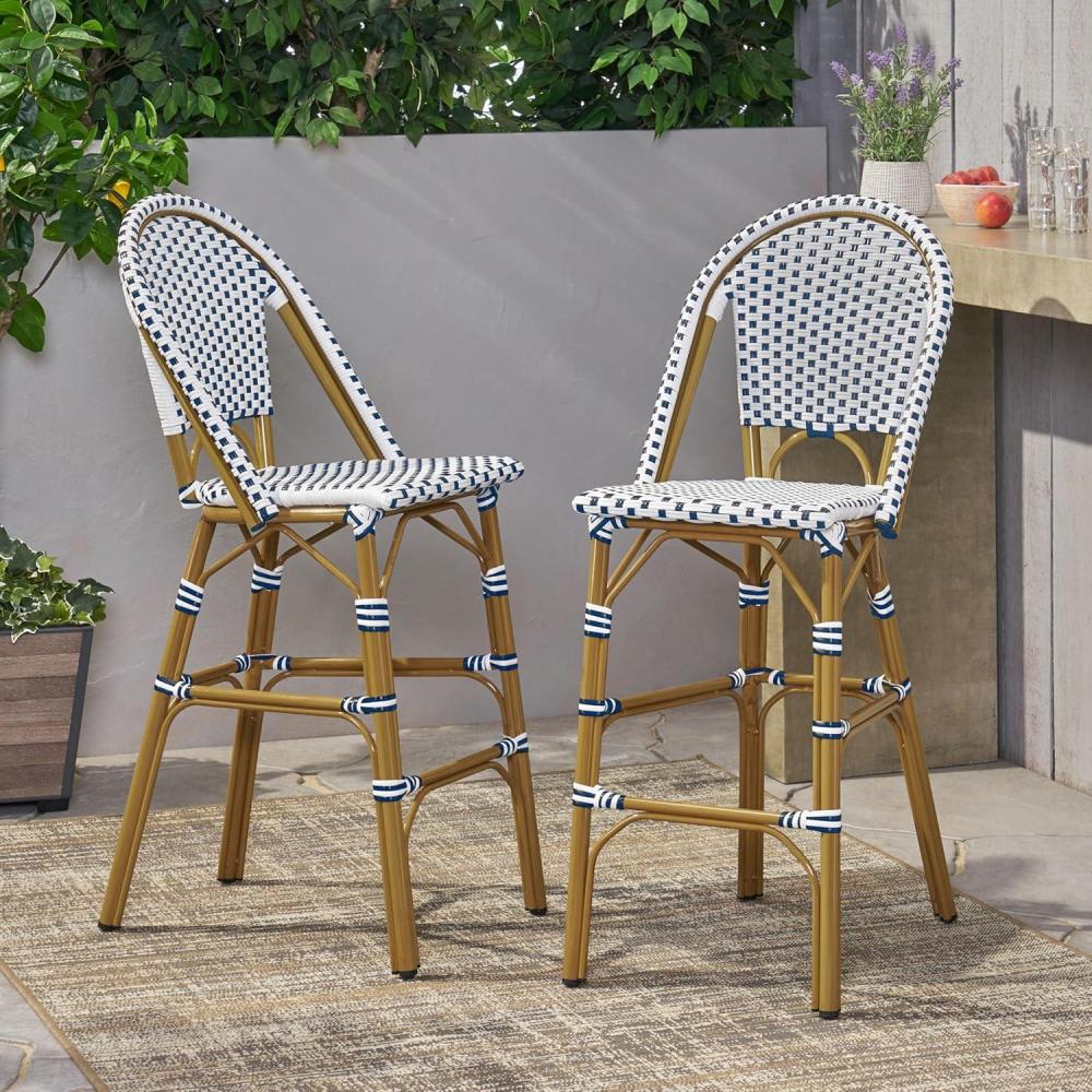 image:imageChristopher Knight Home Kinner Outdoor French Counter Height Bar Stool Set of 2 Patio Garden PE Rattan Bar Chairs Outdoor Wicker Bar Height Stool for Kitchen Island WhiteBlue