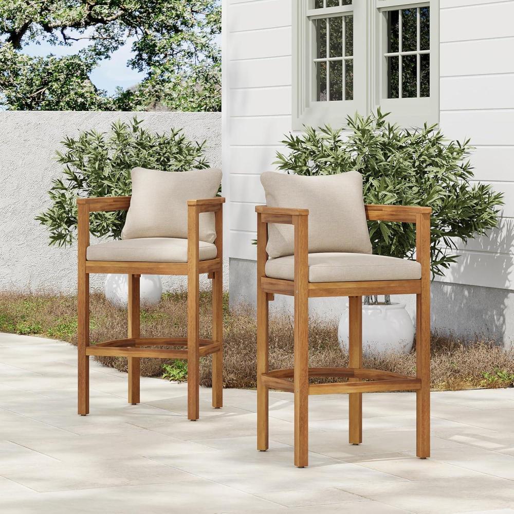 image:imageChristopher Knight Home Kuart Acacia Wood Outdoor Bar Stool Set of 2 with Cushion Patio Armchair Set for Bar Table Wooden Counter Height Patio Bar Stool with Footrest TeakBeigeTeakbeige
