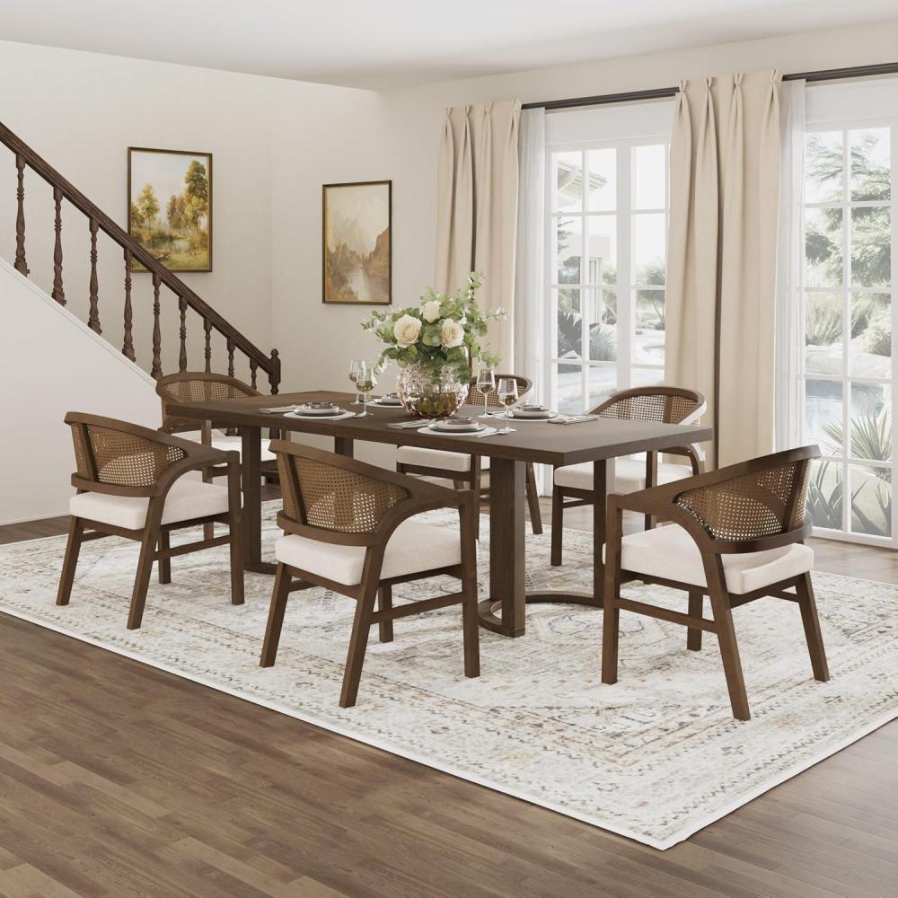 image:imageChristopher Knight Home Zcamt Modern Wooden Dining Set for 6 7 Piece Dining Set with Armchairs Kitchen Table Chairs Set of 6 Upholstered Chairs with Rattan Curved Back Beige WalnutBeige Walnut rattan Back