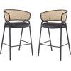 Christopher Knight Home Ethan Faux Leather Upholstered Bar Stool Set of 2, Metal Counter Stool with Rattan Curved Backrest, Mid-Century Modern Cocktail Stool for Kitchen Island, Black+Natural
