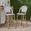 Christopher Knight Home Kinner Outdoor French Counter Height Bar Stool Set of 2, Patio Garden PE Rattan Bar Chairs, Outdoor Wicker Bar Height Stool for Kitchen Island, White+Blue