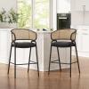 Christopher Knight Home Ethan Faux Leather Upholstered Bar Stool Set of 2, Metal Counter Stool with Rattan Curved Backrest, Mid-Century Modern Cocktail Stool for Kitchen Island, Black+Natural