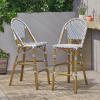 Christopher Knight Home Kinner Outdoor French Counter Height Bar Stool Set of 2, Patio Garden PE Rattan Bar Chairs, Outdoor Wicker Bar Height Stool for Kitchen Island, White+Blue