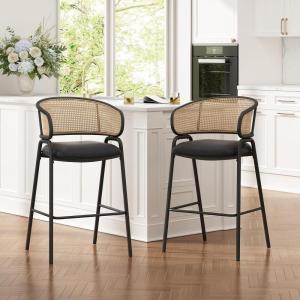 Christopher Knight Home Ethan Faux Leather Upholstered Bar Stool Set of 2, Metal Counter Stool with Rattan Curved Backrest, Mid-Century Modern Cocktail Stool for Kitchen Island, Black+Natural
