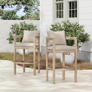 Christopher Knight Home Kuart Acacia Wood Outdoor Bar Stool Set of 2 with Cushion, Patio Armchair Set for Bar Table, Wooden Counter Height Patio Bar Stool with Footrest, Teak+Beige(Natural Washed+beige)