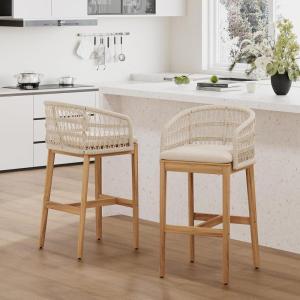 Christopher Knight Home Lagun Acacia Wood Indoor/Outdoor Bar Stool Set of 2 with Cushion, Patio Armchair Set for Bar Table, Wooden Counter Height Patio Bar Stool with Footrest, Teak+ Beige