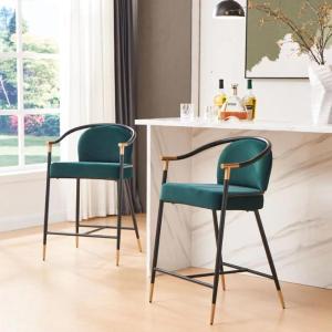 Christopher Knight Home Rugby Velvet Upholstered Counter Stool Set of 2, Metal Frame Counter Height Bar Stool with Footrest, Modern Armchair for Kitchen Island Bar Table, Black+Dark Green