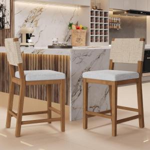 Christopher Knight Home Samira Set of 2 Counter Stools with Upholstered Seats, Solid Wood Frame Counter Height Bar Stools, Bar Chairs with Woven Back, Comfy Fabric Barstool, Natural + Grey(Brown + Grey)