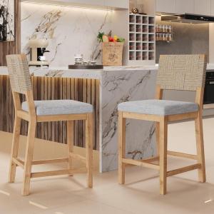 Christopher Knight Home Samira Set of 2 Counter Stools with Upholstered Seats, Solid Wood Frame Counter Height Bar Stools, Bar Chairs with Woven Back, Comfy Fabric Barstool, Natural + Grey(Natural + Grey)