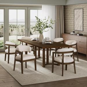 Christopher Knight Home Zcamt Modern Wooden Dining Set for 6, 7 Piece Dining Set with Armchairs, Kitchen Table Chairs Set of 6, Upholstered Chairs with Rattan Curved Back, Beige + Walnut(Beige + Walnut open Back)