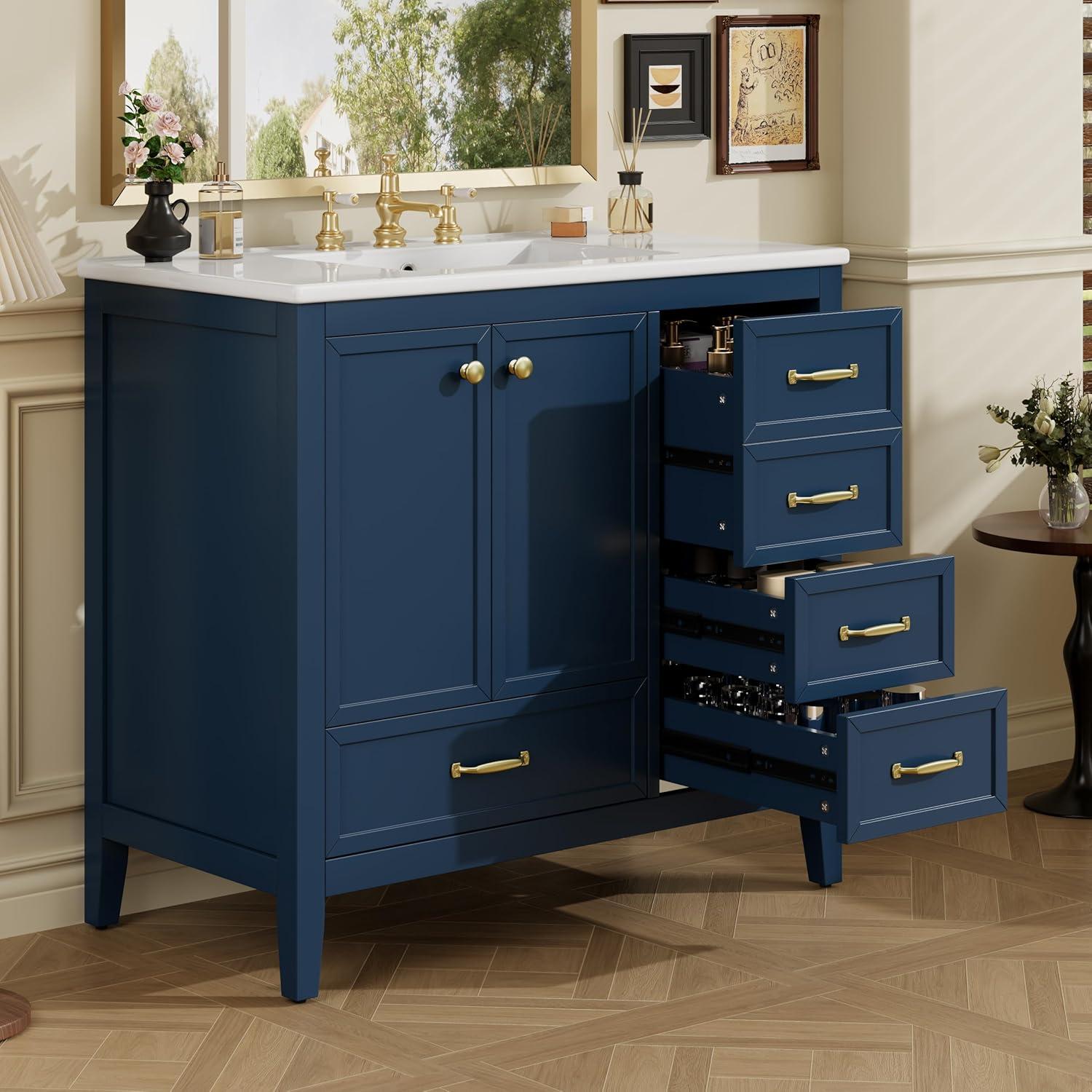 image:imageChristopher Knight Home Hubell 36 Bathroom Vanity with Ceramic Sink Freestanding Wooden Bathroom Vanity Organizer Soft Closing Door Modern Bathroom Storage Cabinet with Drawers BlueBlue