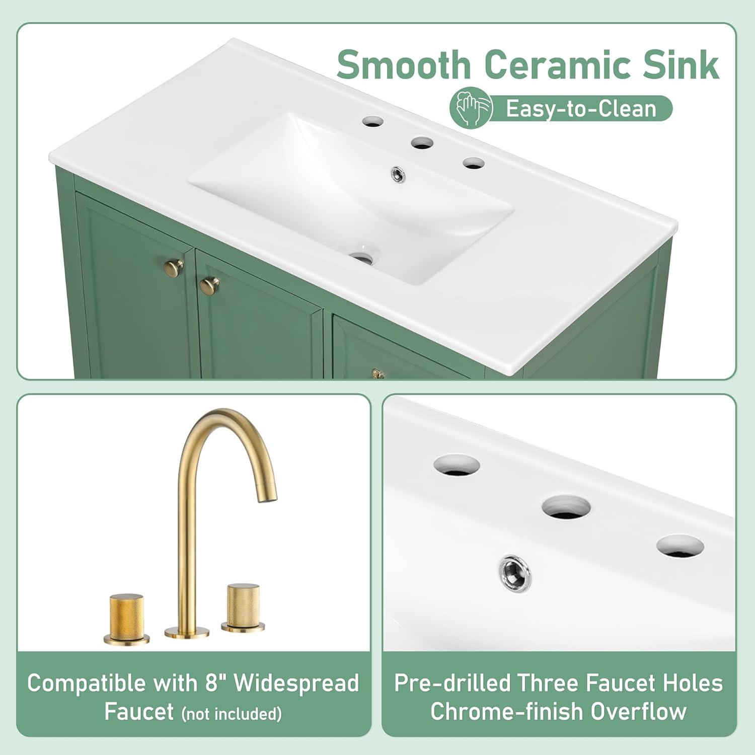 image:imageChristopher Knight Home Hubell 36 Bathroom Vanity with Ceramic Sink Freestanding Wooden Bathroom Vanity Organizer Soft Closing Door Modern Bathroom Storage Cabinet with Drawers BlueGreen