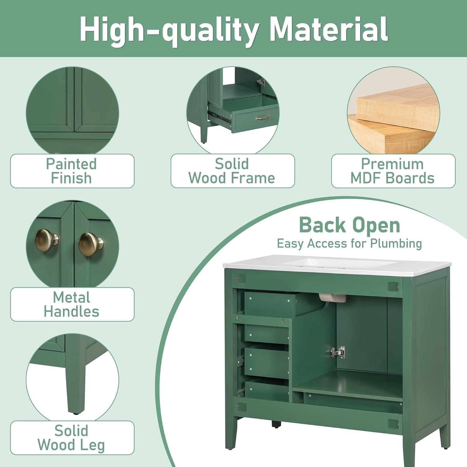 image:imageChristopher Knight Home Hubell 36 Bathroom Vanity with Ceramic Sink Freestanding Wooden Bathroom Vanity Organizer Soft Closing Door Modern Bathroom Storage Cabinet with Drawers BlueGreen