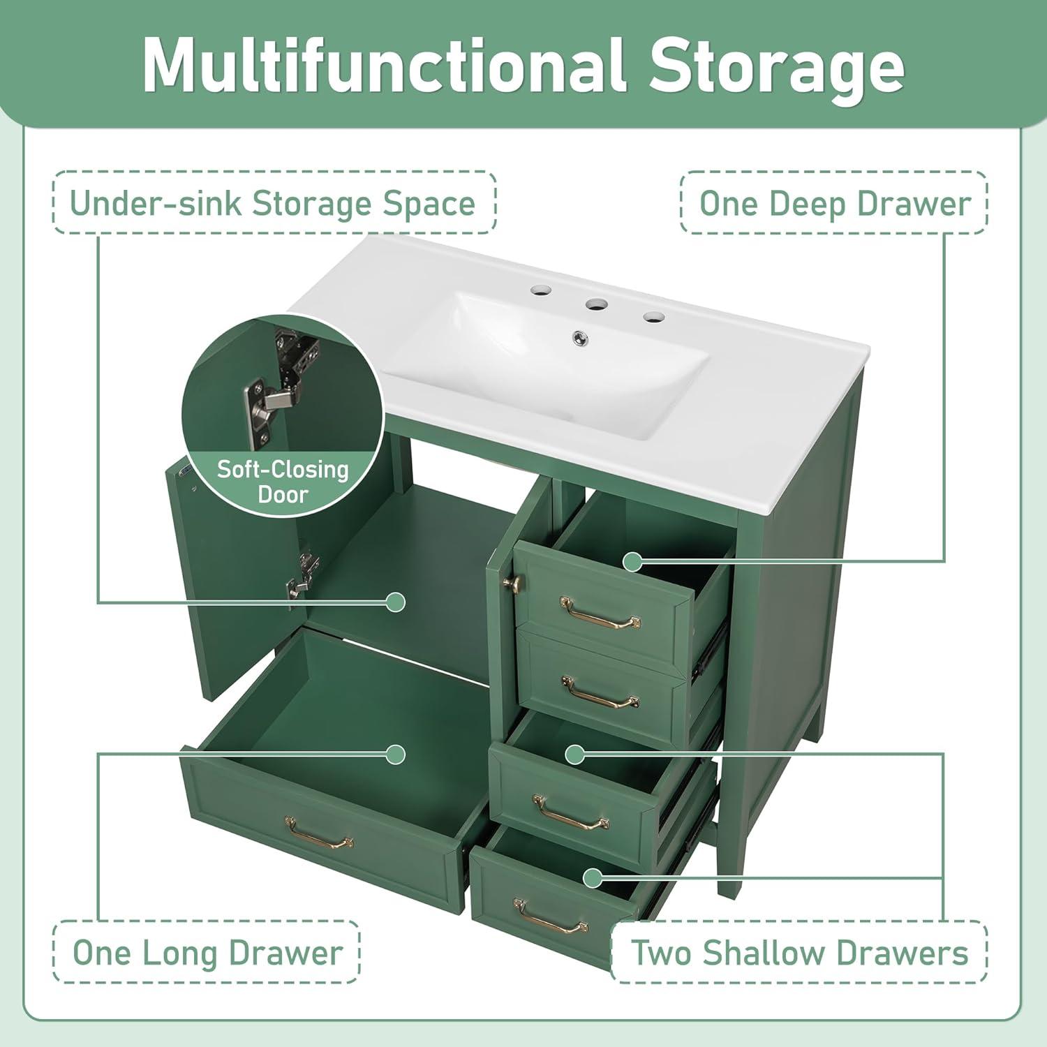 image:imageChristopher Knight Home Hubell 36 Bathroom Vanity with Ceramic Sink Freestanding Wooden Bathroom Vanity Organizer Soft Closing Door Modern Bathroom Storage Cabinet with Drawers BlueGreen