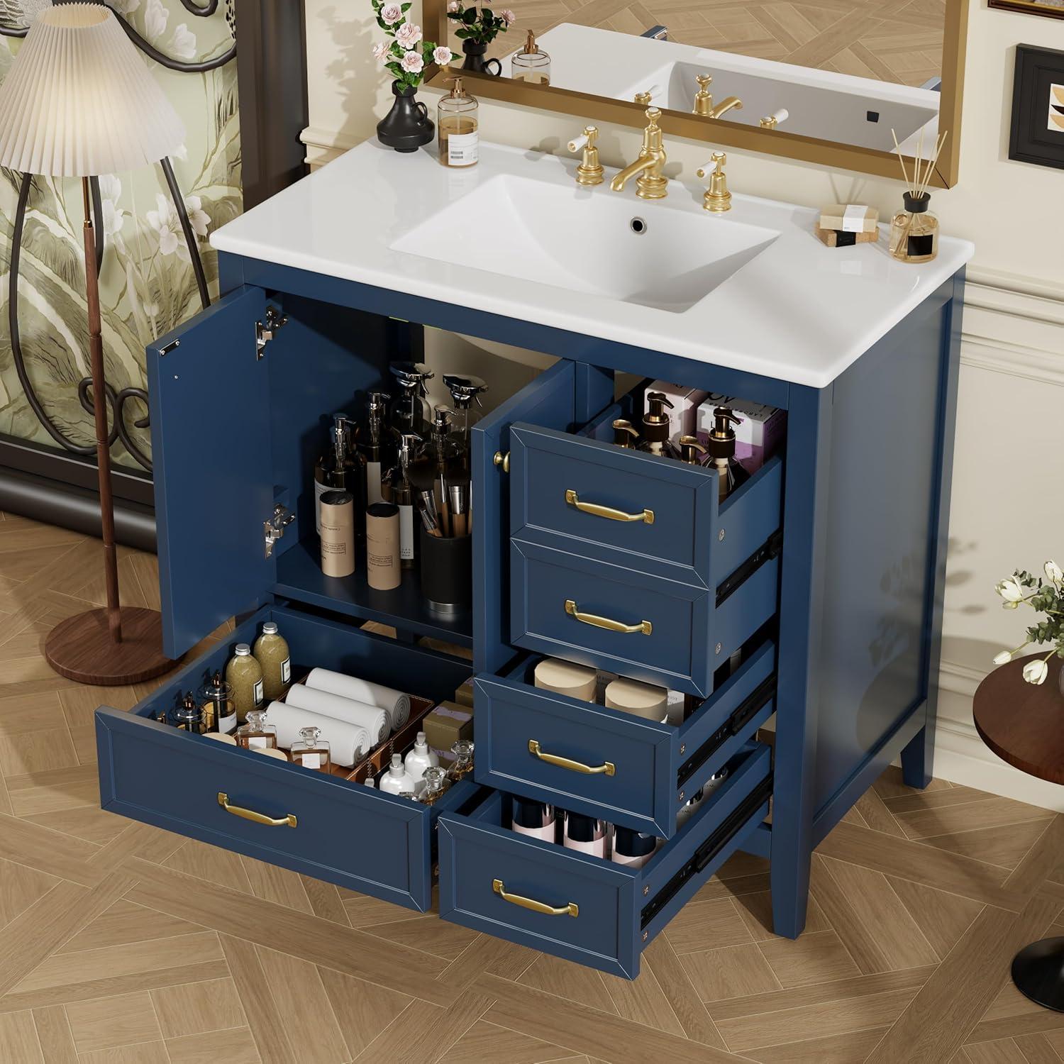 image:imageChristopher Knight Home Hubell 36 Bathroom Vanity with Ceramic Sink Freestanding Wooden Bathroom Vanity Organizer Soft Closing Door Modern Bathroom Storage Cabinet with Drawers BlueBlue