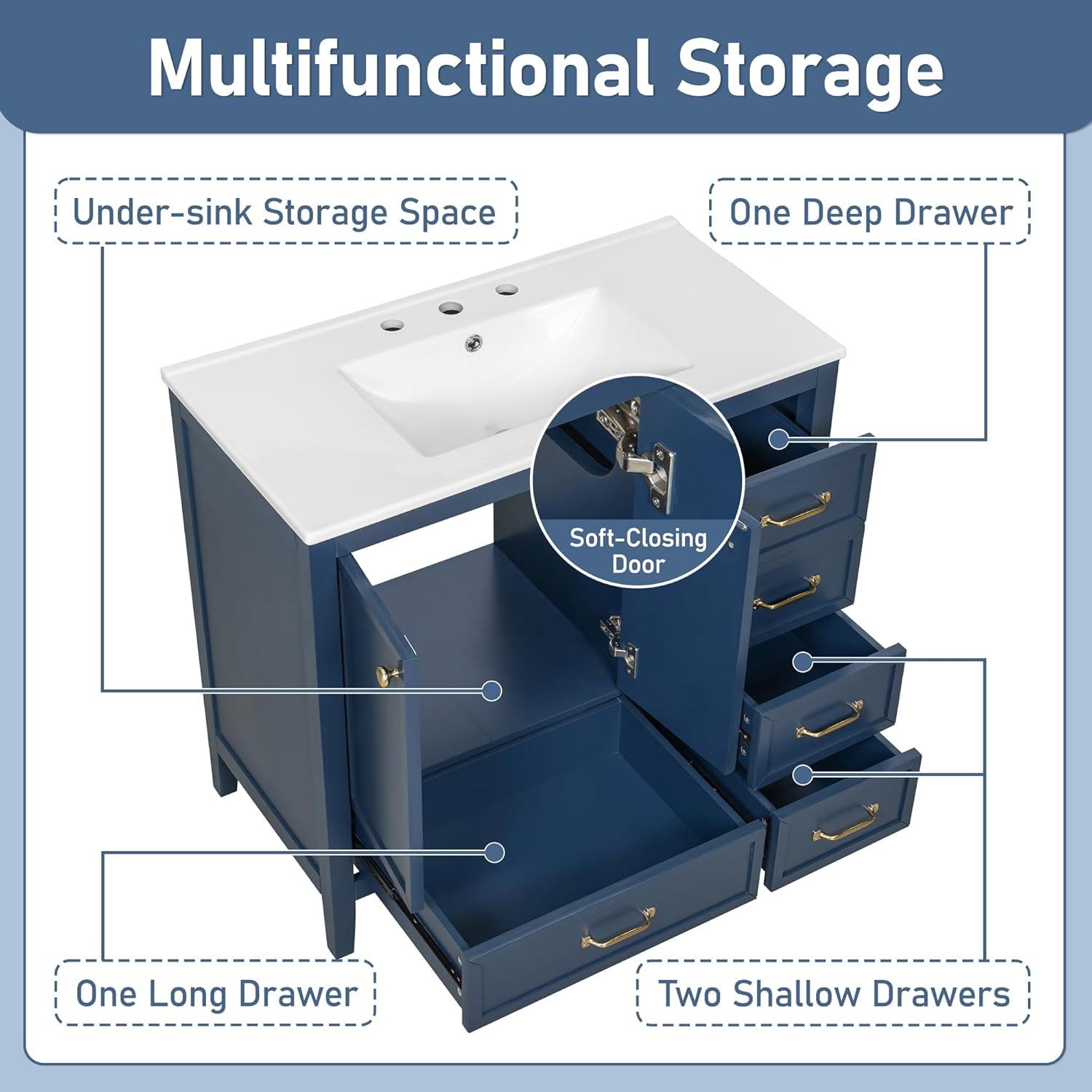 image:imageChristopher Knight Home Hubell 36 Bathroom Vanity with Ceramic Sink Freestanding Wooden Bathroom Vanity Organizer Soft Closing Door Modern Bathroom Storage Cabinet with Drawers BlueBlue