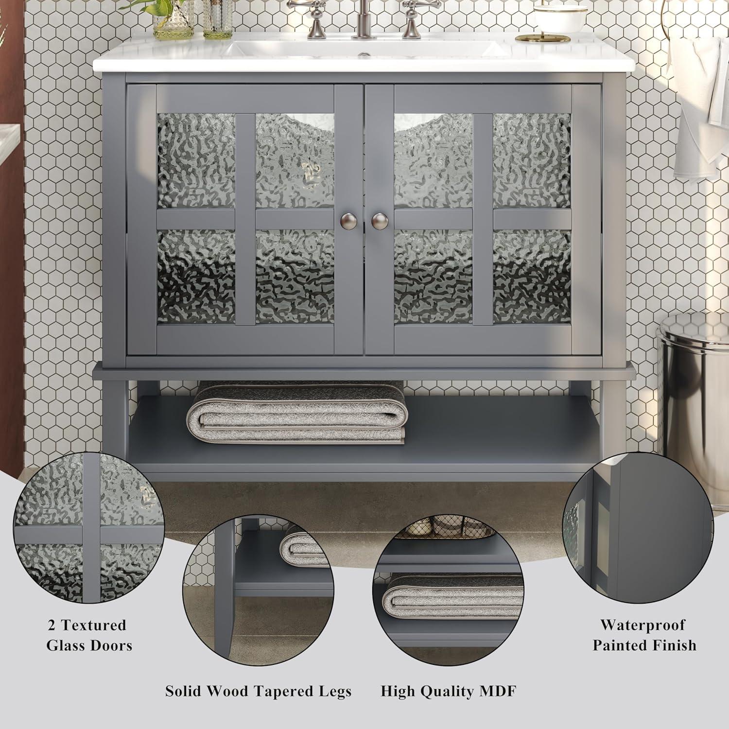 image:imageChristopher Knight Home Narrot Modern 36 Bathroom Vanity with Ceramic Sink Wooden Bathroom Vanity Organizer with Adjustable Shelf Soft Closing Door Bathroom Storage Cabinet GrayGrey