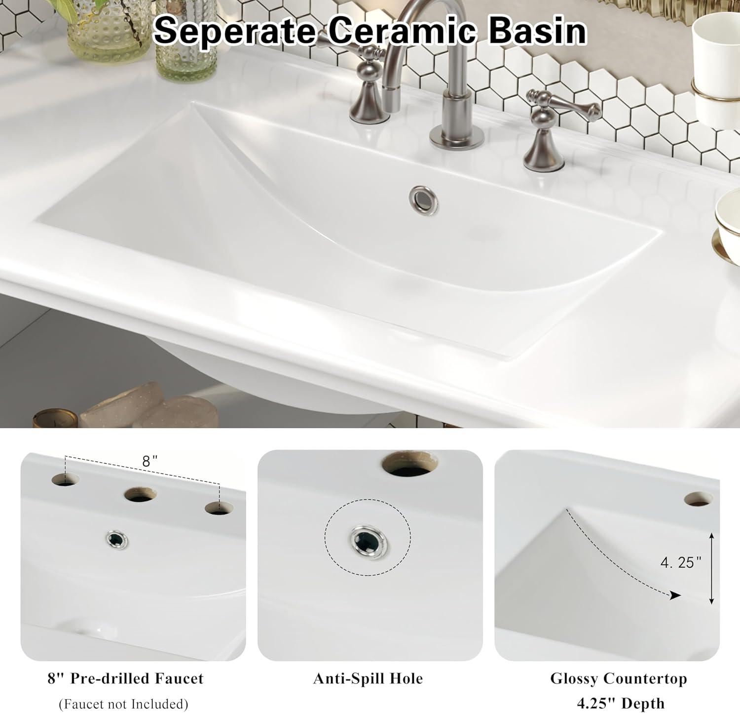 image:imageChristopher Knight Home Narrot Modern 36 Bathroom Vanity with Ceramic Sink Wooden Bathroom Vanity Organizer with Adjustable Shelf Soft Closing Door Bathroom Storage Cabinet GrayWhite