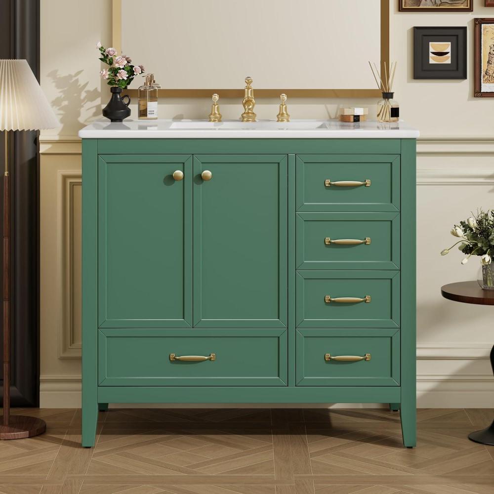 image:imageChristopher Knight Home Hubell 36 Bathroom Vanity with Ceramic Sink Freestanding Wooden Bathroom Vanity Organizer Soft Closing Door Modern Bathroom Storage Cabinet with Drawers BlueGreen