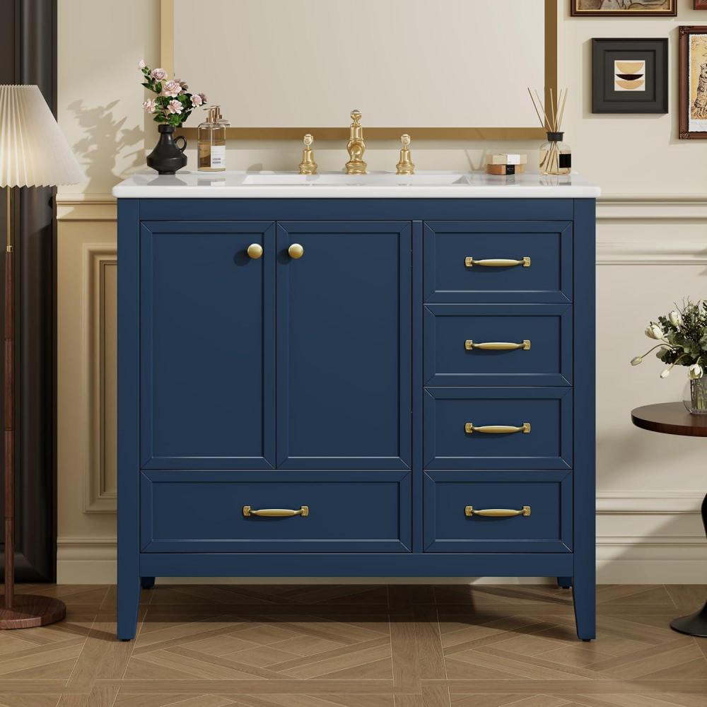 image:imageChristopher Knight Home Hubell 36 Bathroom Vanity with Ceramic Sink Freestanding Wooden Bathroom Vanity Organizer Soft Closing Door Modern Bathroom Storage Cabinet with Drawers BlueBlue
