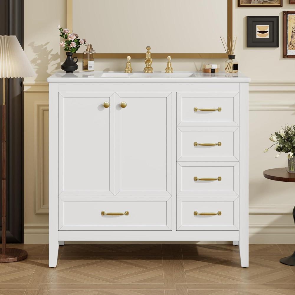 image:imageChristopher Knight Home Hubell 36 Bathroom Vanity with Ceramic Sink Freestanding Wooden Bathroom Vanity Organizer Soft Closing Door Modern Bathroom Storage Cabinet with Drawers BlueWhite