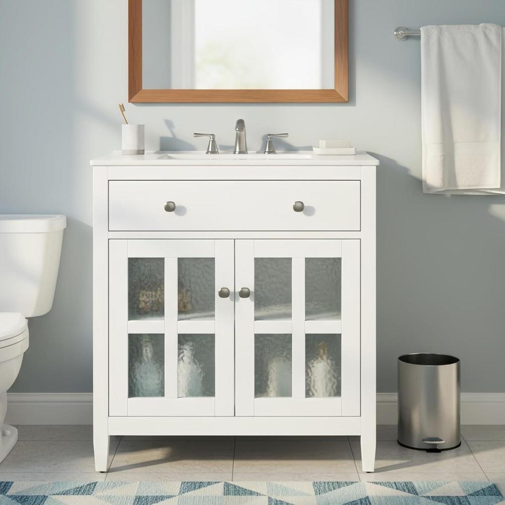 image:imageChristopher Knight Home Marge Bathroom Vanity with Ceramic Sink Wooden Bathroom Vanity Cabinet with Adjustable Shelf Soft Closing Door Bathroom Storage Cabinet with TipOut Drawer BrownWhite