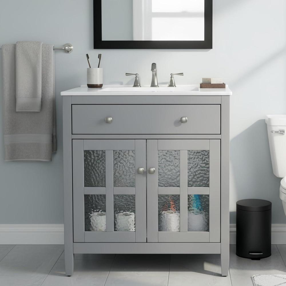 image:imageChristopher Knight Home Marge Bathroom Vanity with Ceramic Sink Wooden Bathroom Vanity Cabinet with Adjustable Shelf Soft Closing Door Bathroom Storage Cabinet with TipOut Drawer BrownGrey