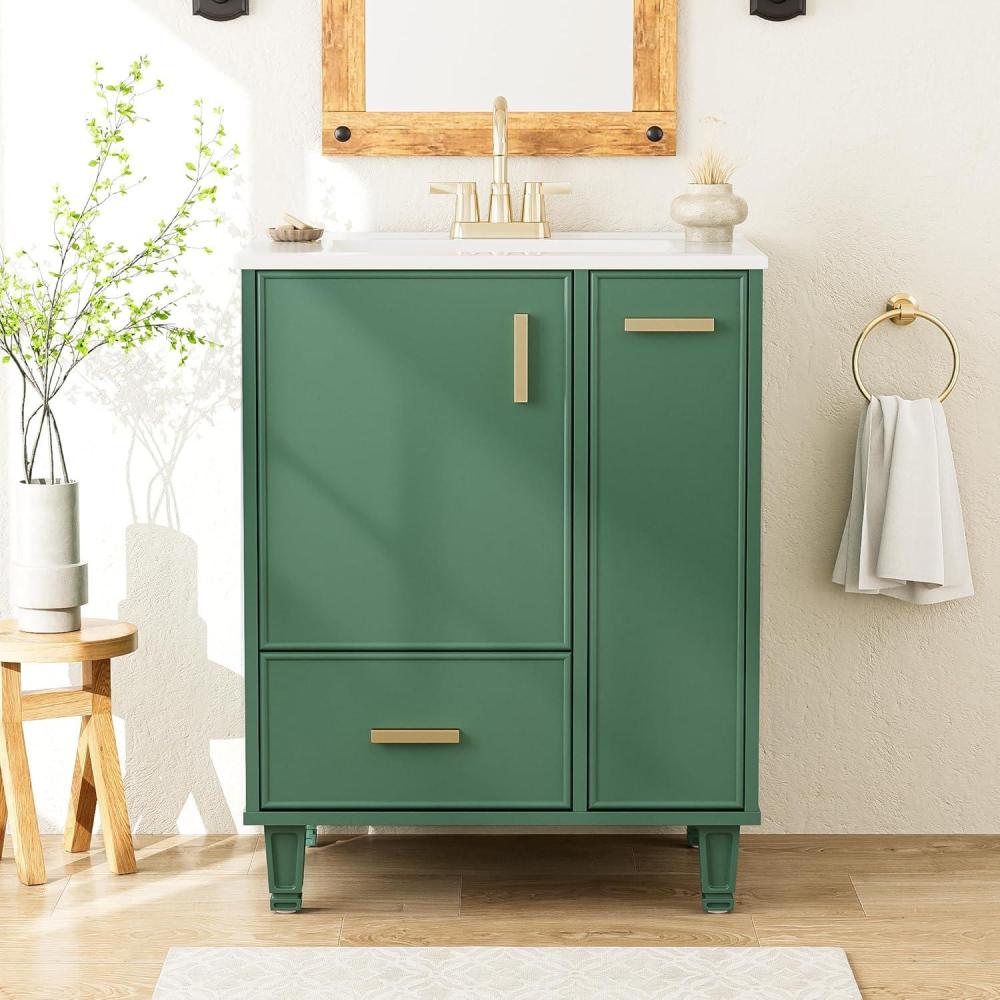 image:imageChristopher Knight Home Morry Bathroom Vanity with Ceramic Sink Freestanding Bathroom Storage Cabinet with Door ShelfDrawer Wooden Vanity Organizer Pedestal Sink Storage Cabinet GreenGreen