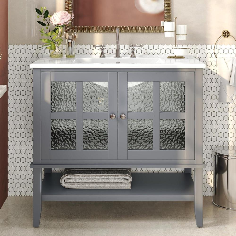 image:imageChristopher Knight Home Narrot Modern 36 Bathroom Vanity with Ceramic Sink Wooden Bathroom Vanity Organizer with Adjustable Shelf Soft Closing Door Bathroom Storage Cabinet GrayGrey