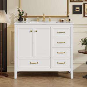 Christopher Knight Home Hubell 36″ Bathroom Vanity with Ceramic Sink, Freestanding Wooden Bathroom Vanity Organizer, Soft Closing Door Modern Bathroom Storage Cabinet with Drawers, Blue(White)