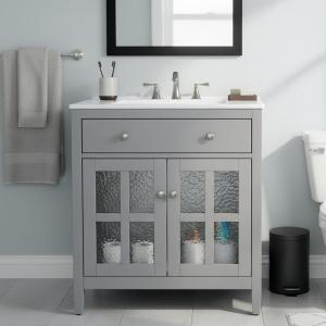 Christopher Knight Home Marge Bathroom Vanity with Ceramic Sink, Wooden Bathroom Vanity Cabinet with Adjustable Shelf, Soft Closing Door Bathroom Storage Cabinet with Tip-Out Drawer, Brown(Grey)