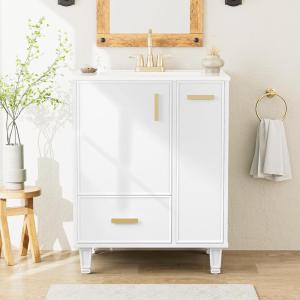 Christopher Knight Home Morry Bathroom Vanity with Ceramic Sink, Freestanding Bathroom Storage Cabinet with Door Shelf+Drawer, Wooden Vanity Organizer, Pedestal Sink Storage Cabinet, Green(White)
