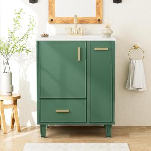 Christopher Knight Home Morry Bathroom Vanity with Ceramic Sink, Freestanding Bathroom Storage Cabinet with Door Shelf+Drawer, Wooden Vanity Organizer, Pedestal Sink Storage Cabinet, Green(Green)