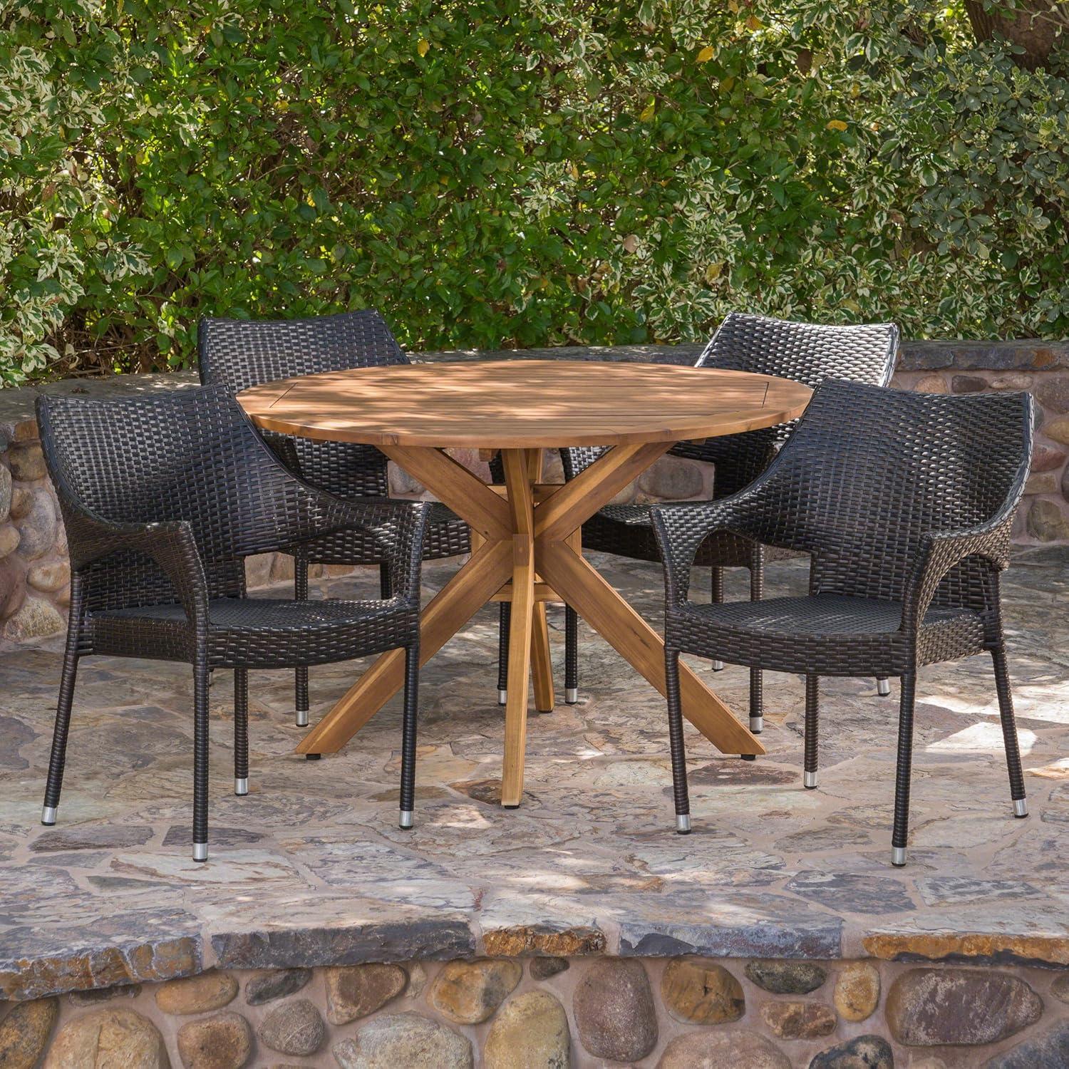 image:imageChristopher Knight Home Anthony Outdoor 5 Piece Multibrown Wicker Set with Teak Finish Circular Acacia Wood Dining Table