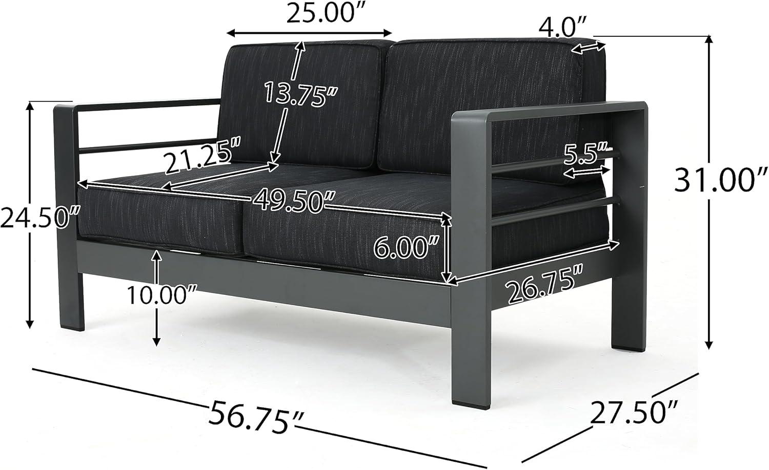 image:imageChristopher Knight Home Cape Coral Outdoor Aluminum 5 Piece Loveseat Chat Set Water Resistant Cushions Grey Square Fire Table 3200 W x 275 D x 246 H Dark Gray Gray