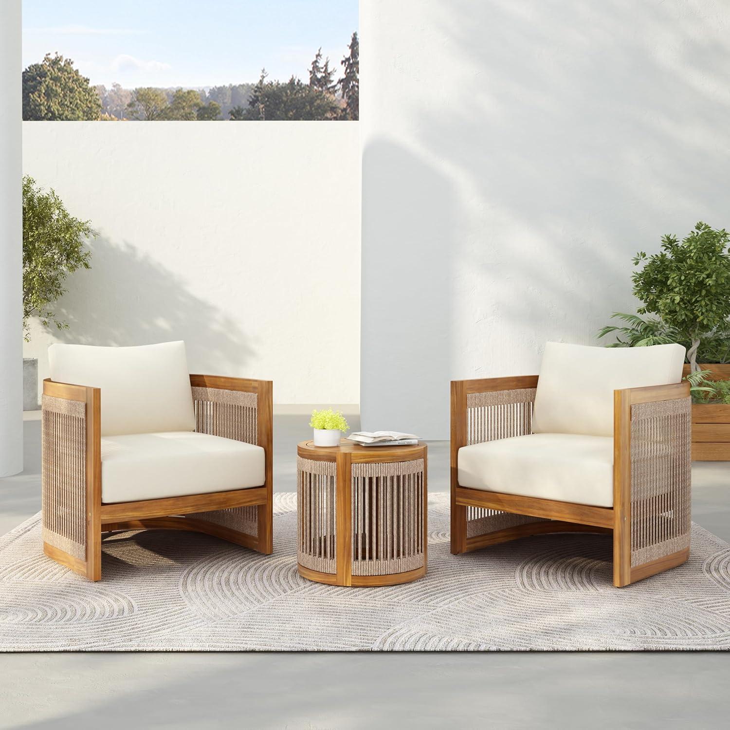 image:imageChristopher Knight Home Malphite 3 Pieces Conversation Set Acacia Wood Chat Set Round Coffee Table and Woven Rope Accent Chairs Slat Design Patio Furniture Set for Backyard Garden Beige TeakBeige Teak