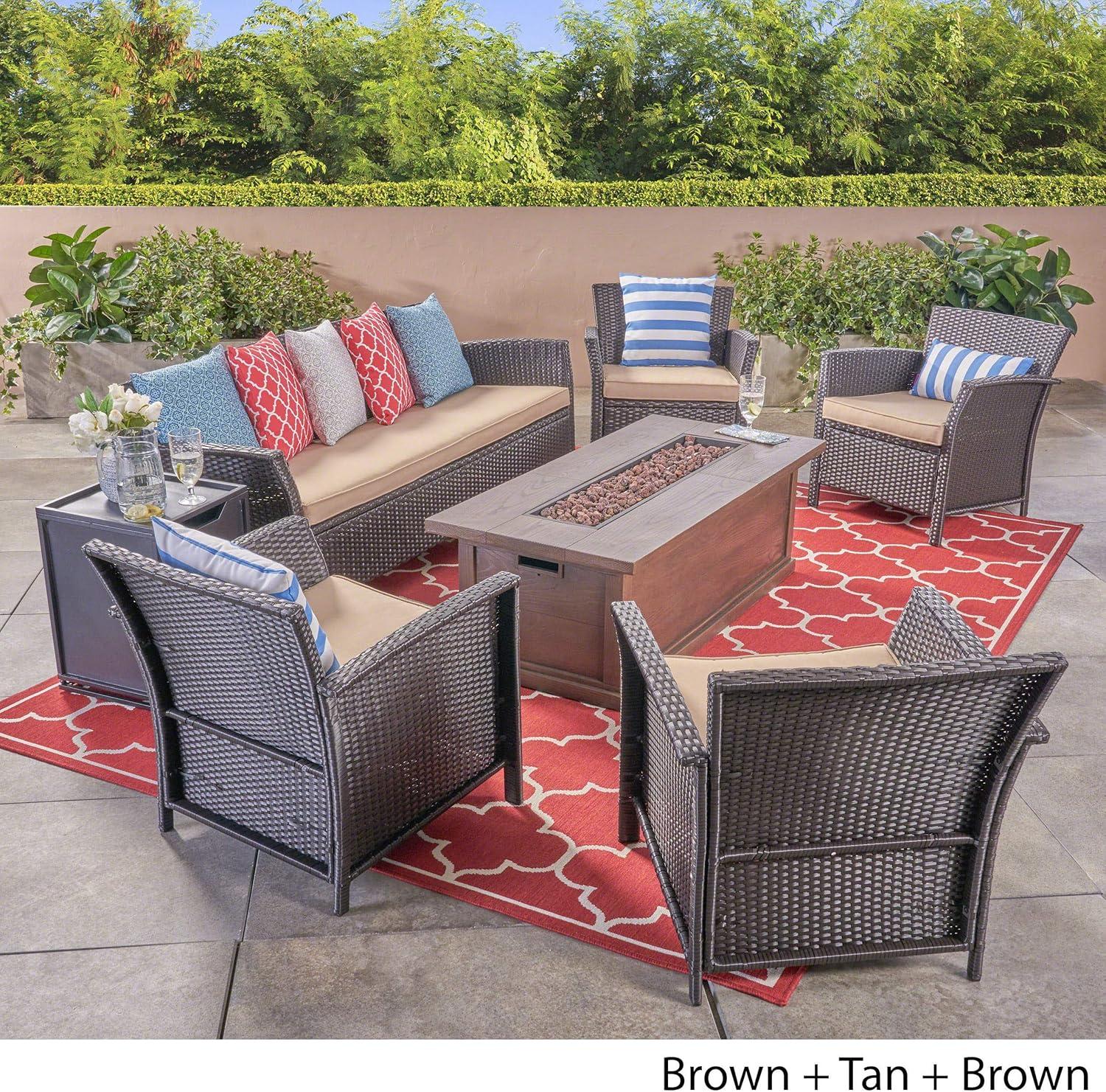image:imageChristopher Knight Home Mason Outdoor 7 Seater Wicker Chat Set with Fire Pit BrownTanBrown
