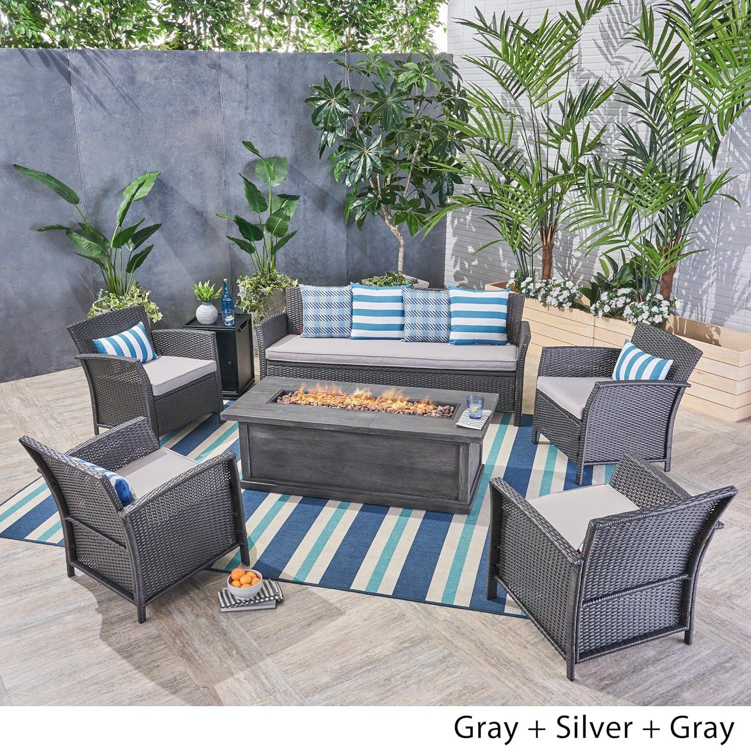 image:imageChristopher Knight Home Mason Outdoor 7 Seater Wicker Chat Set with Fire Pit GraySilverGray