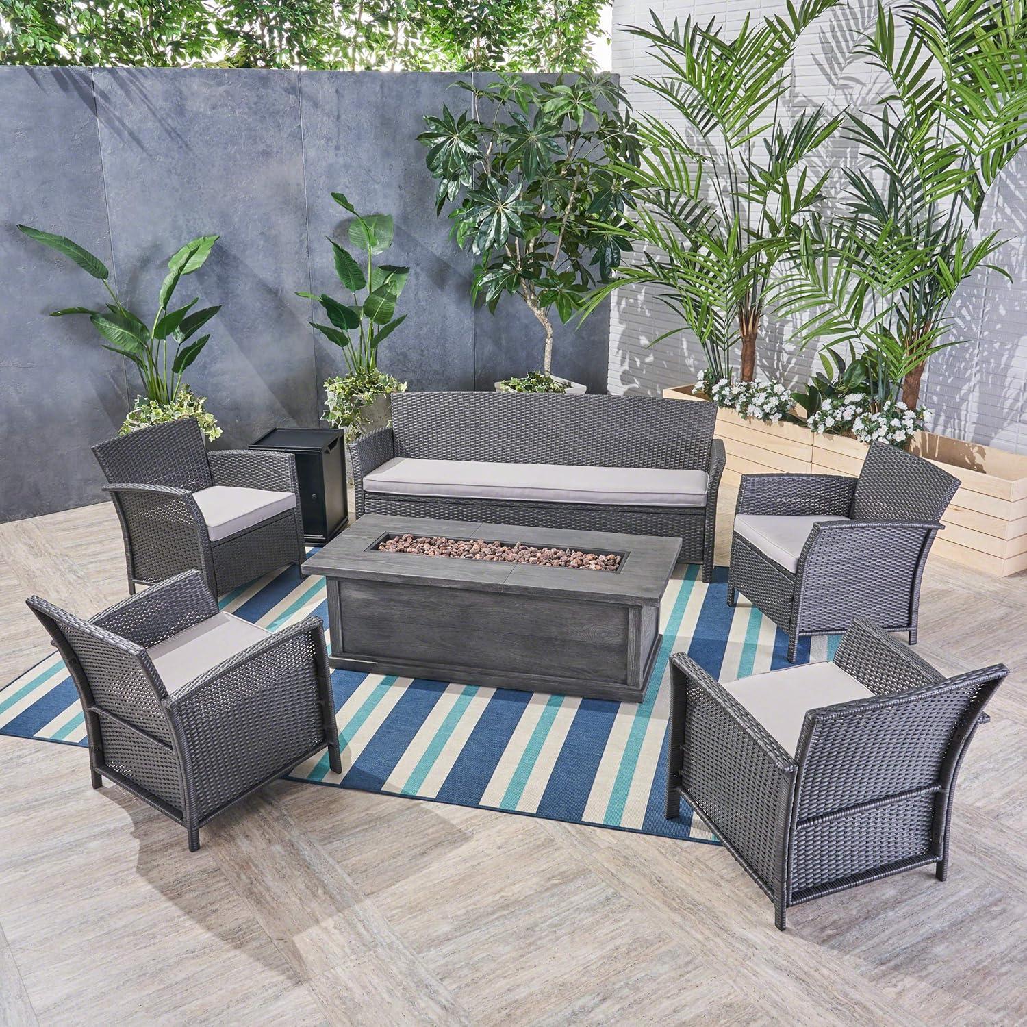 image:imageChristopher Knight Home Mason Outdoor 7 Seater Wicker Chat Set with Fire Pit GraySilverGray