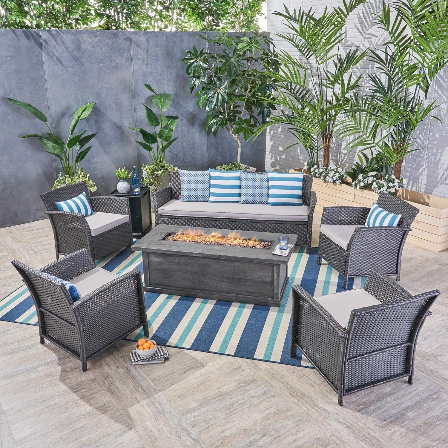 image:imageChristopher Knight Home Mason Outdoor 7 Seater Wicker Chat Set with Fire Pit GraySilverGray
